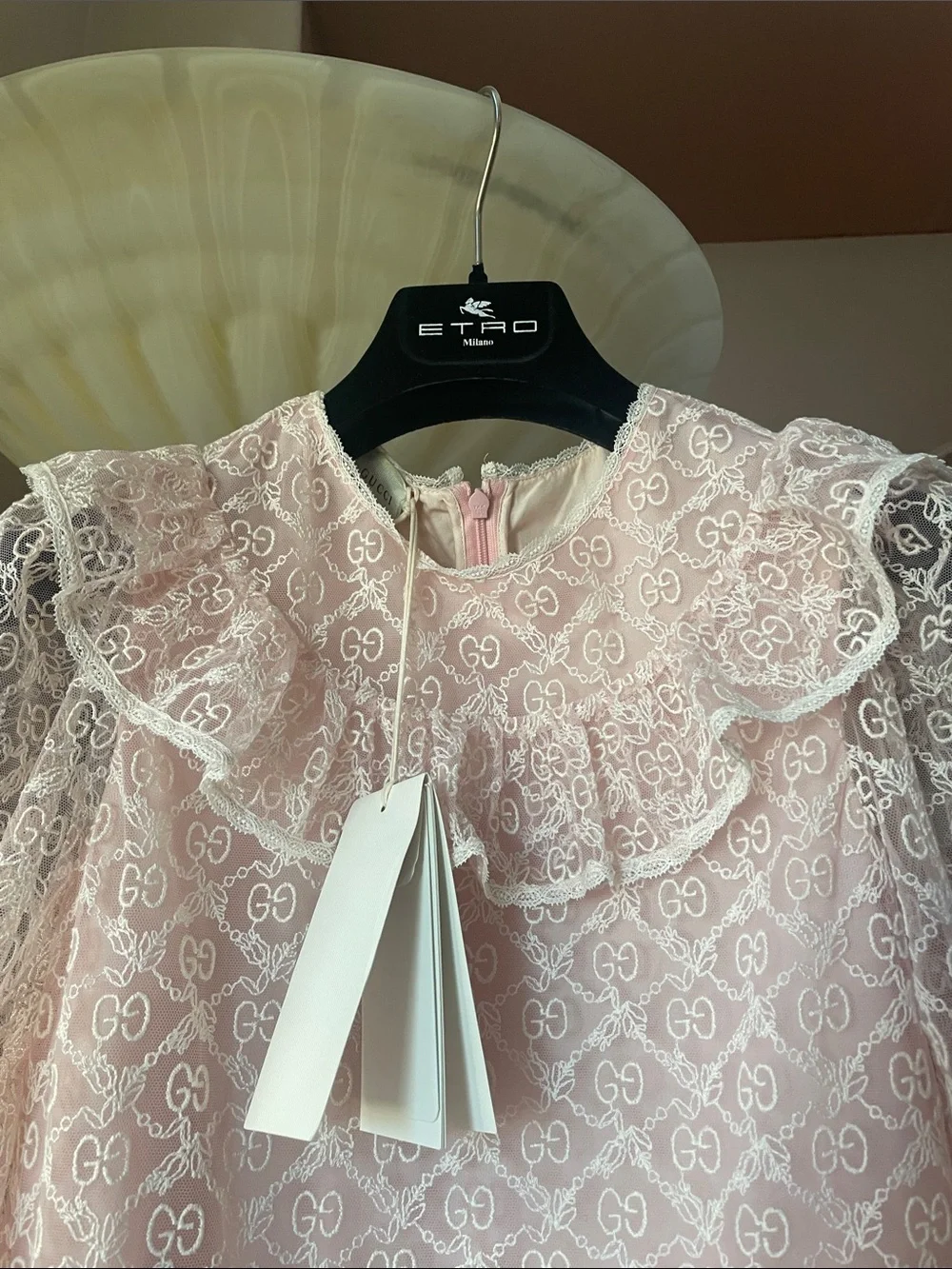 Brand new Gucci Girls' Pink Lace Tiered Dress with Ruffled Collar